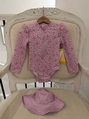 🦢12 Mth Petit Lem Pink Floral Long-Sleeve Rash Guard Swimsuit with Sun Hat Set